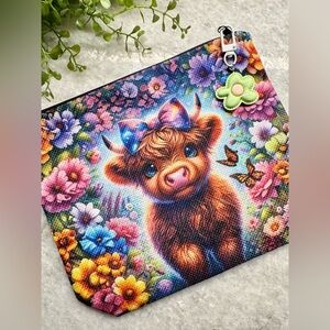 New Baby Highland Cow Makeup Cosmetic Tech Pencil Bag w/ Flower Charm - 8.75”
